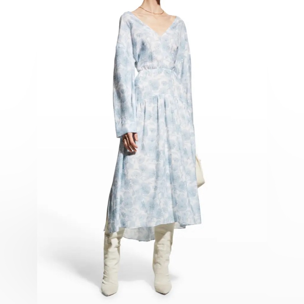 VINCE Dahlia Print Long Bell Sleeves V-Neck Midi Dress